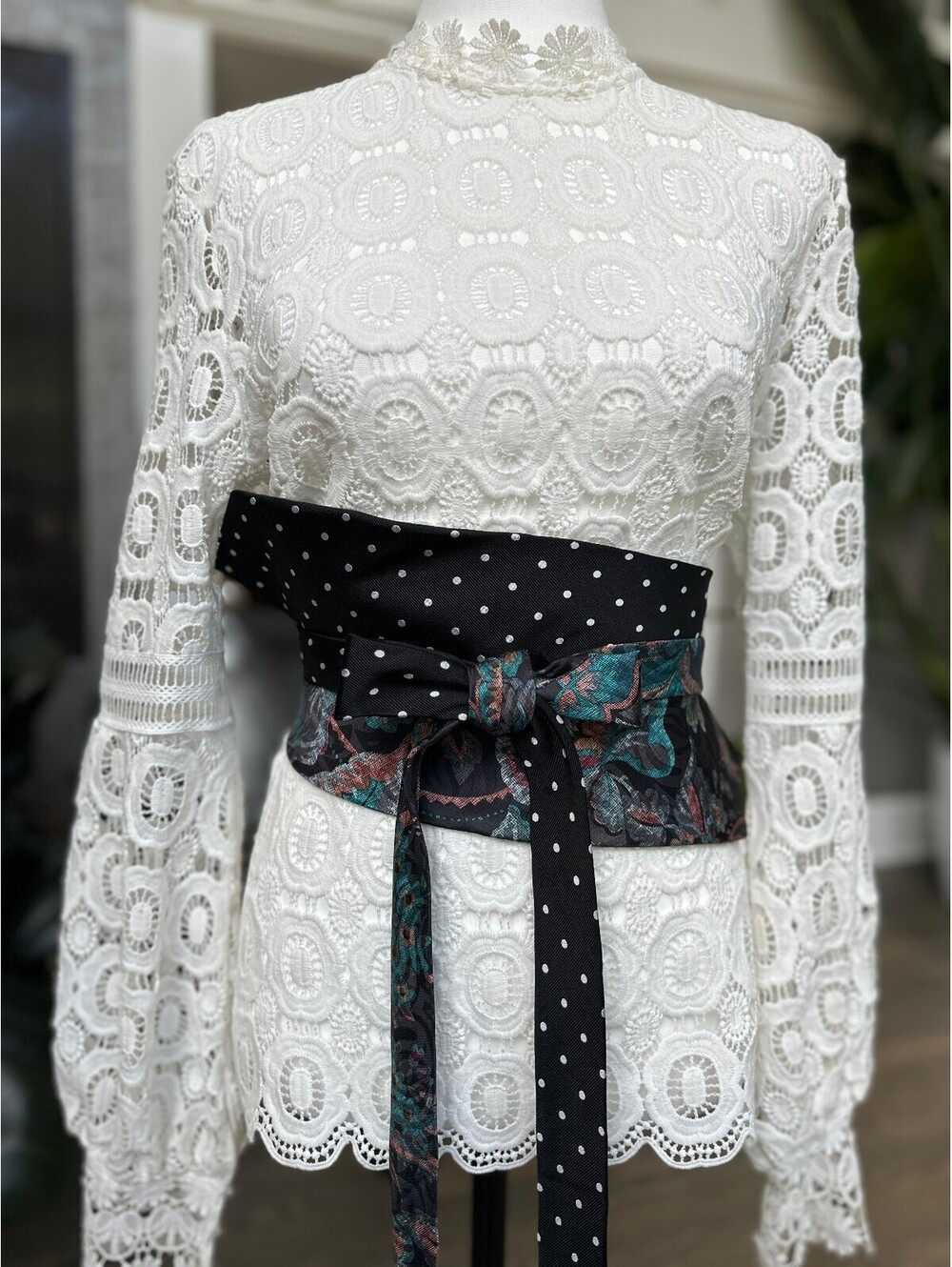 Upcycled Black Polka Dots & Floral Silk Corset Style Obi Tie Waist Belt | OOAK